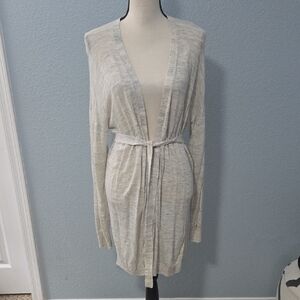 HALOGEN Open Front Long Cardigan Duster Belted Marled Beige Linen Blend Sz LARGE